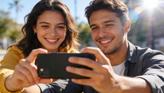 Young couple taking selfie outdoors on sunny day, casual urban smiling portrait