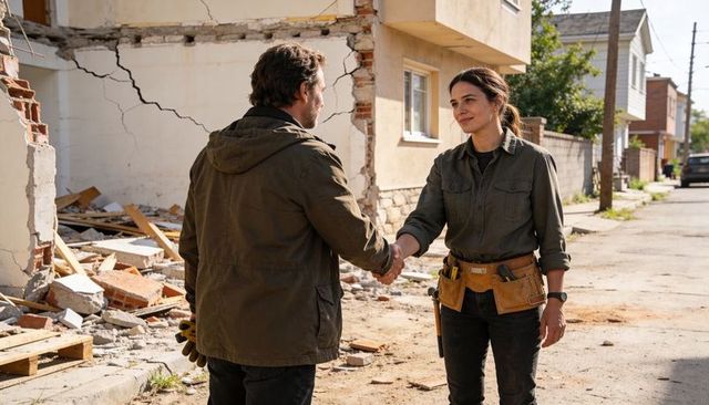 Female contractor shaking hands with man on damaged street amid demolition rubble teamwork