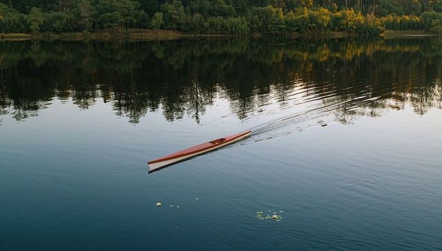 Gliding wooden rowing scull cutting calm lake water with v-shaped wake and forest reflections