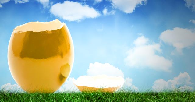 Colored cracked egg halves sit on verdant grass with a vivid blue sky backdrop. Useful for Easter celebrations, springtime nature themes, environmental concepts, and new beginnings.