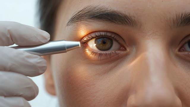 Examining hazel eye with penlight and gloved hand, medical closeup showing iris detail