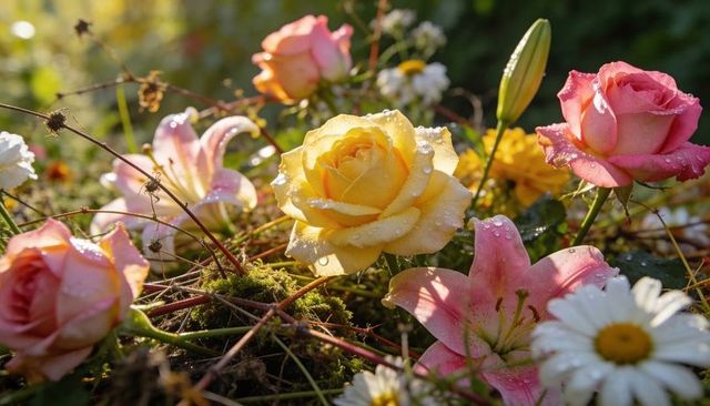 Glistening yellow rose with dewdrops among pink roses, lilies and daisies in sunrise glow