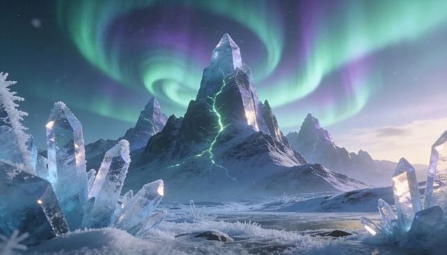 Glowing crystal mountain emitting green fissure over frozen polar plain under aurora