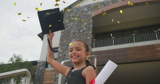 Happy young girl celebrating graduation while holding diploma and mortarboard cap. She is smiling with confetti falling around her. Suitable for themes related to education, success, childhood achievements, and school milestones. Great for use in educational brochures, flyers, websites, and advertisements celebrating academic accomplishments.