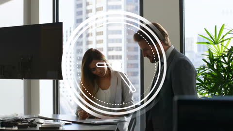 Animated Clock Overlay on Diverse Business Team in Modern Office