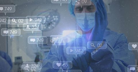 Surgeon preparing in operating room wearing ppe with floating digital healthcare data interface
