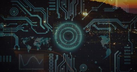 Glowing Circular HUD Overlaying Dusk City Skyline with Neon Teal Circuit Interface