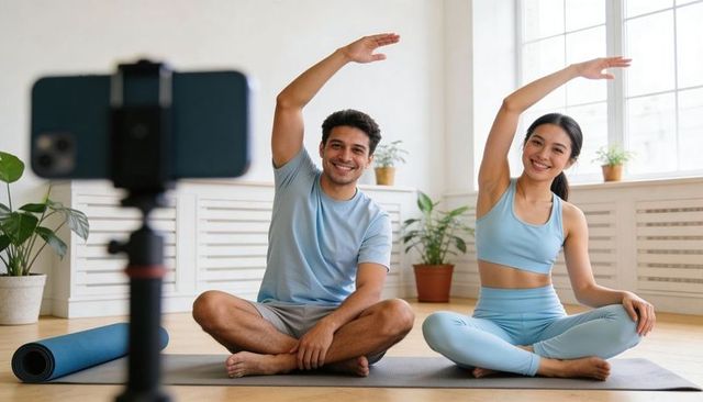 Recording couple teaching home yoga session on smartphone tripod in bright living room
