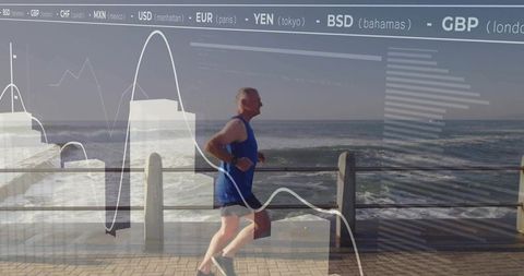 Man Jogging on Beachside with Financial Charts Overlay