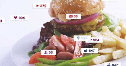 Gourmet Burger with Fries and Social Media Notifications