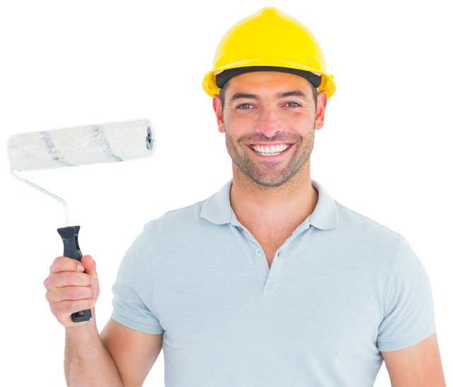 Smiling Worker Great Choice, Holding Paint Roller With Helmet - Transparent Background - Download Free Stock Videos Pikwizard.com