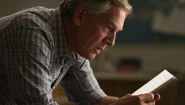 Focused Senior Man Reading Notebook in Classroom Leaning on Desk Warm Profile Lighting