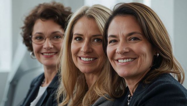 Three professional women smiling and confident during corporate meeting