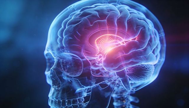 Translucent skull revealing neon-lit brain activation with holographic neural circuitry