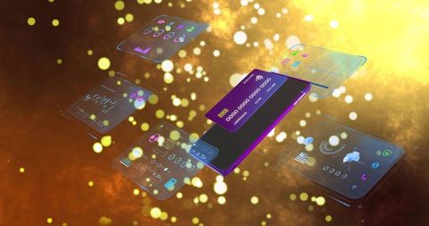 Purple smartphone displaying virtual card and holographic ui panels in neon digital nebula