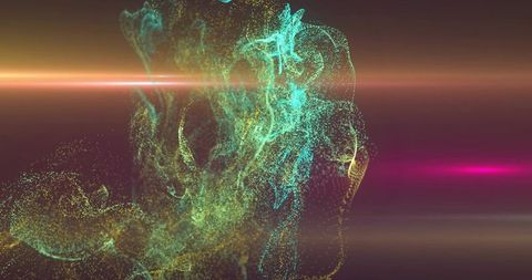 Iridescent particle cloud twisting through lens flare with turquoise gold glow