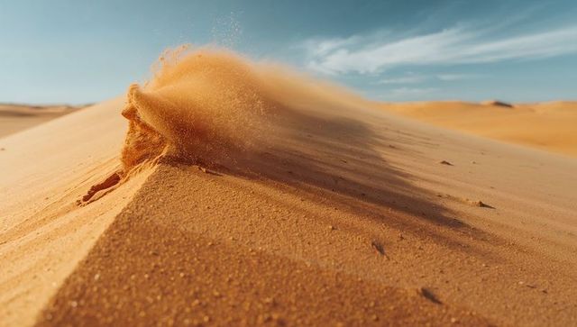 Shifting sand dune crest sending wind-blown plume across golden desert ridge
