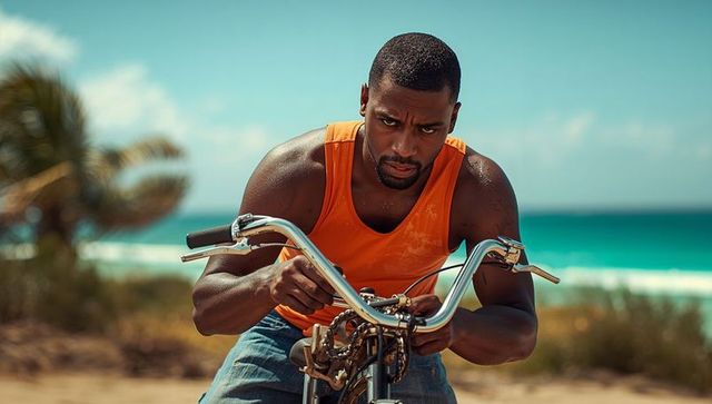 Focused man leaning on cruiser bicycle handlebars on tropical beach with turquoise sea