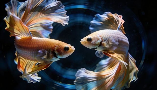 Dual betta flares swimming facing each other with iridescent fins and concentric light rings