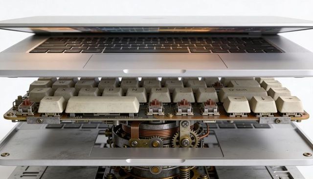 Layered laptop chassis revealing vintage mechanical keyboard pcb and brass steampunk gears