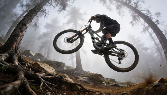Airborne mountain biker soaring over rocky downhill trail in misty forest — action moment