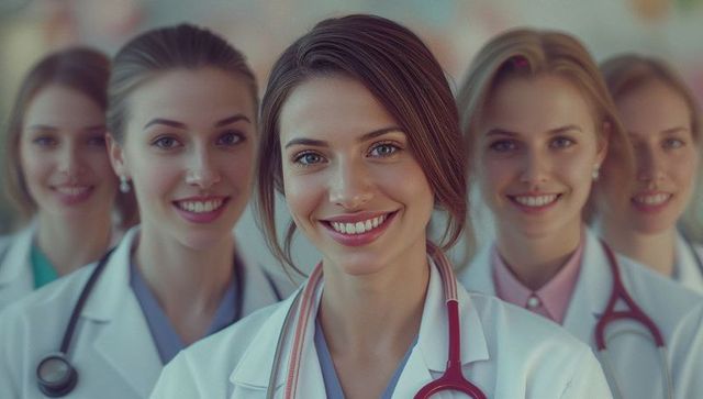 Smiling Medical Team Posing in Clinical Hallway with Stethoscopes