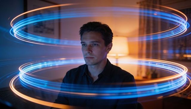 Man gazing at monitor surrounded by neon blue and orange light rings in home office