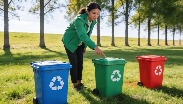 Volunteer pointing at color-coded recycling bins in park promoting sustainability