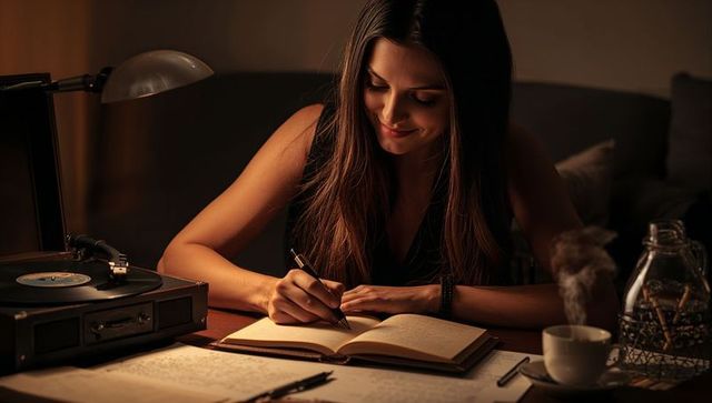 Nighttime journaling with vinyl, warm lamp glow and coffee — cozy creative workspace