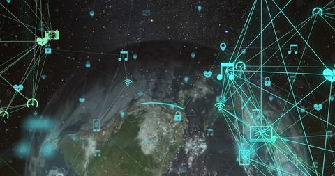Global Network Digital Connectivity with Floating Icons and Earth