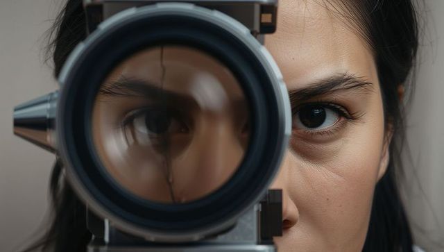 Asian woman peering through ophthalmic lens close-up portrait for eye care diagnostics