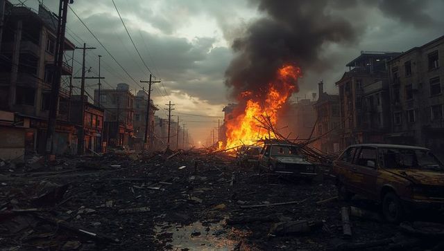 Intense Urban Destruction Amid Blazing Fire and Ruined Cityscape