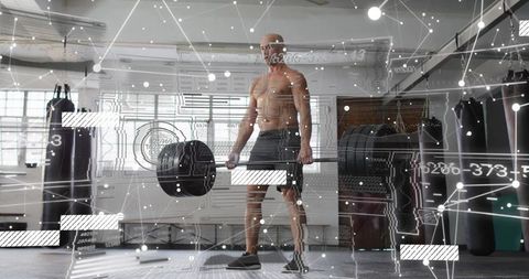 Determined Athlete Deadlifting Barbell with Digital Interfaces