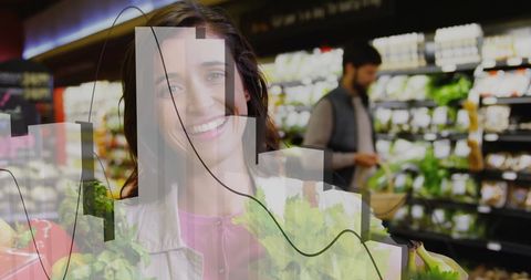 Woman Choosing Fresh Vegetables in Grocery Store with Data Overlay - Download Free Stock Images Pikwizard.com