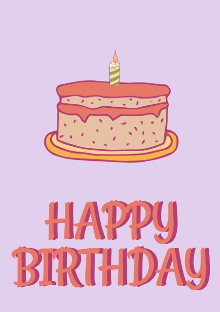 This illustrated birthday cake with a striped candle at its top is suitable for greeting cards, festive messages, and social media posts. The cheerful purple background and playful text convey a fun, celebratory mood. Ideal for personal or commercial use in invitations, congratulatory e-cards, and party decorations.