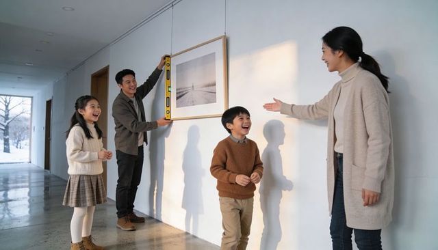 Family hanging framed art in sunlit hallway using spirit level, joyful moment