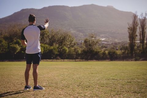 Back view of man waving toward distant mountains