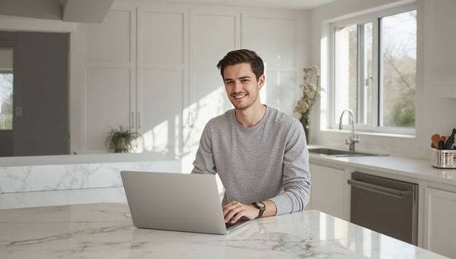 Smiling man working on laptop at marble kitchen island for remote work and home office