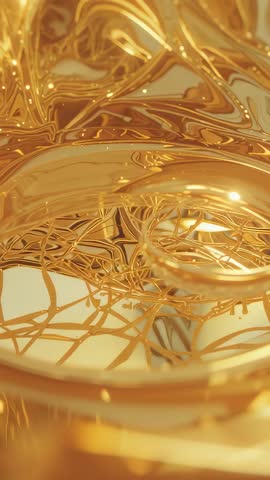 Shifting camera showing drifting gold bowl and filament mesh in reflective studio glow