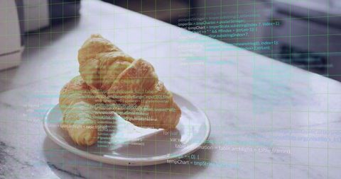 Minimalist croissants on white saucer with green grid and transparent code overlay for branding