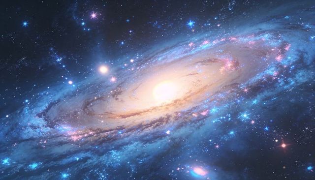 Luminous spiral galaxy glowing across deep space with bright bulge and star clusters