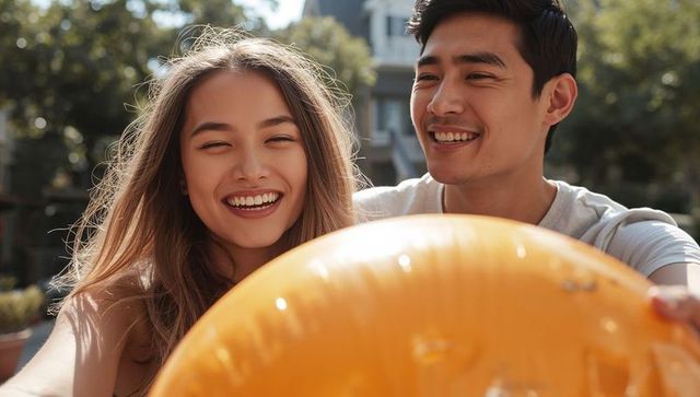 Smiling young couple holding orange inflatable beach ball in sunny urban courtyard