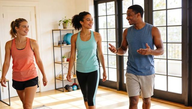 Walking conversing in sunlit home gym friends exercising and chatting together