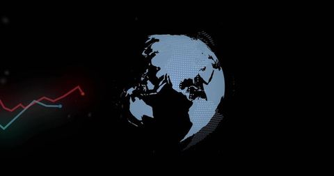 Rotating Digital Globe on Dark Halftone Background with Red and Teal Data Lines