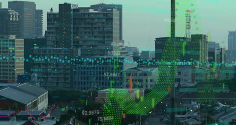 Financial Data Overlay on Cityscape Representing Global Economy