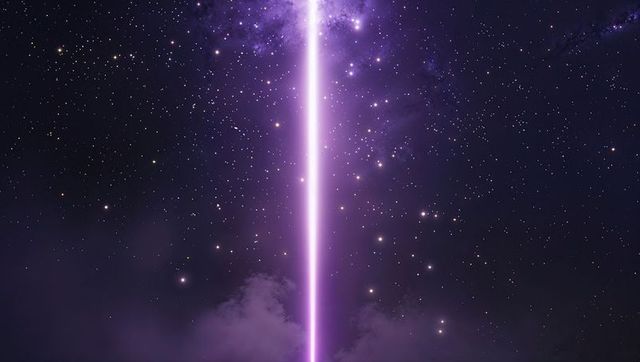 Violet beam pierces starry cosmic sky