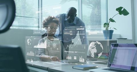 Team Collaborating on Data Analysis with Holographic Interface