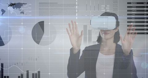 Woman Engages with Virtual Reality Data Interface Display