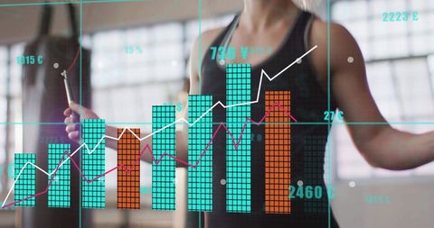 Midlife woman holding jump rope tracking fitness performance data charts and analytics