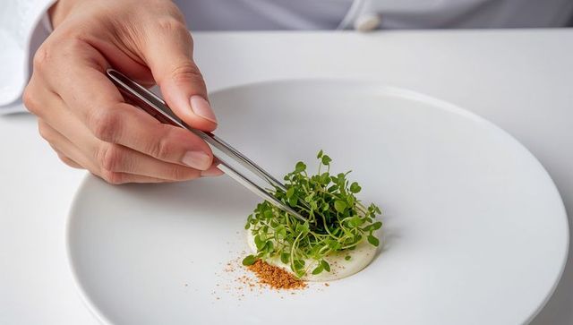 Chef placing microgreens on velvety cream puree with precision tweezers for modern plating